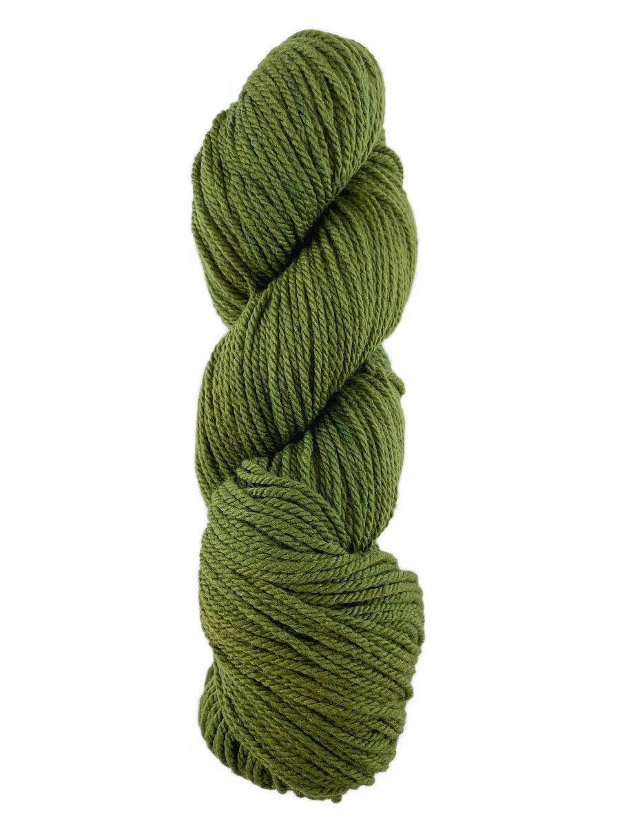 A green skein of Mountain Meadow Wool Cora yarn