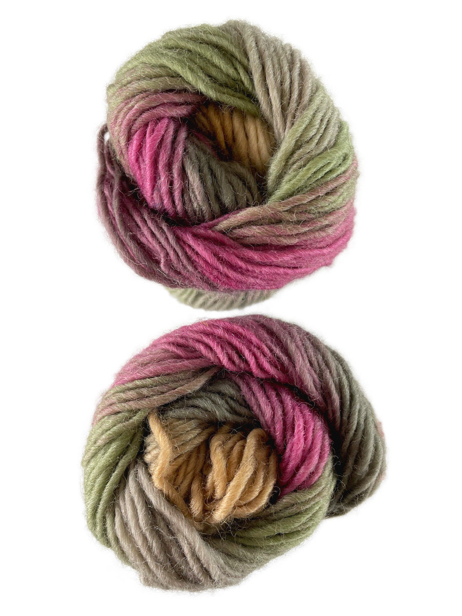 A photo of two green, purple and yellow skeins of yarn