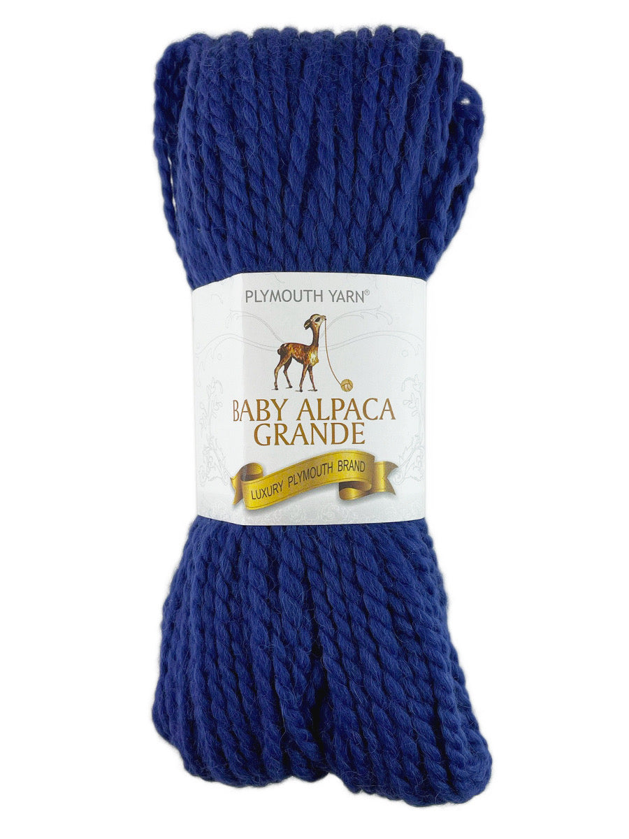 A blue skein of Plymouth Baby Alpaca Grande yarn