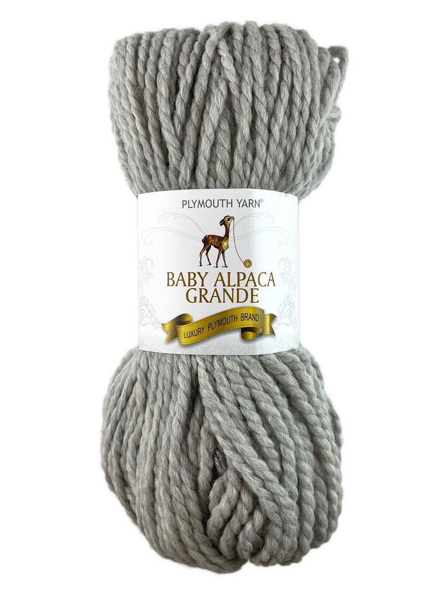 A grey skein of Plymouth Baby Alpaca Grande yarn