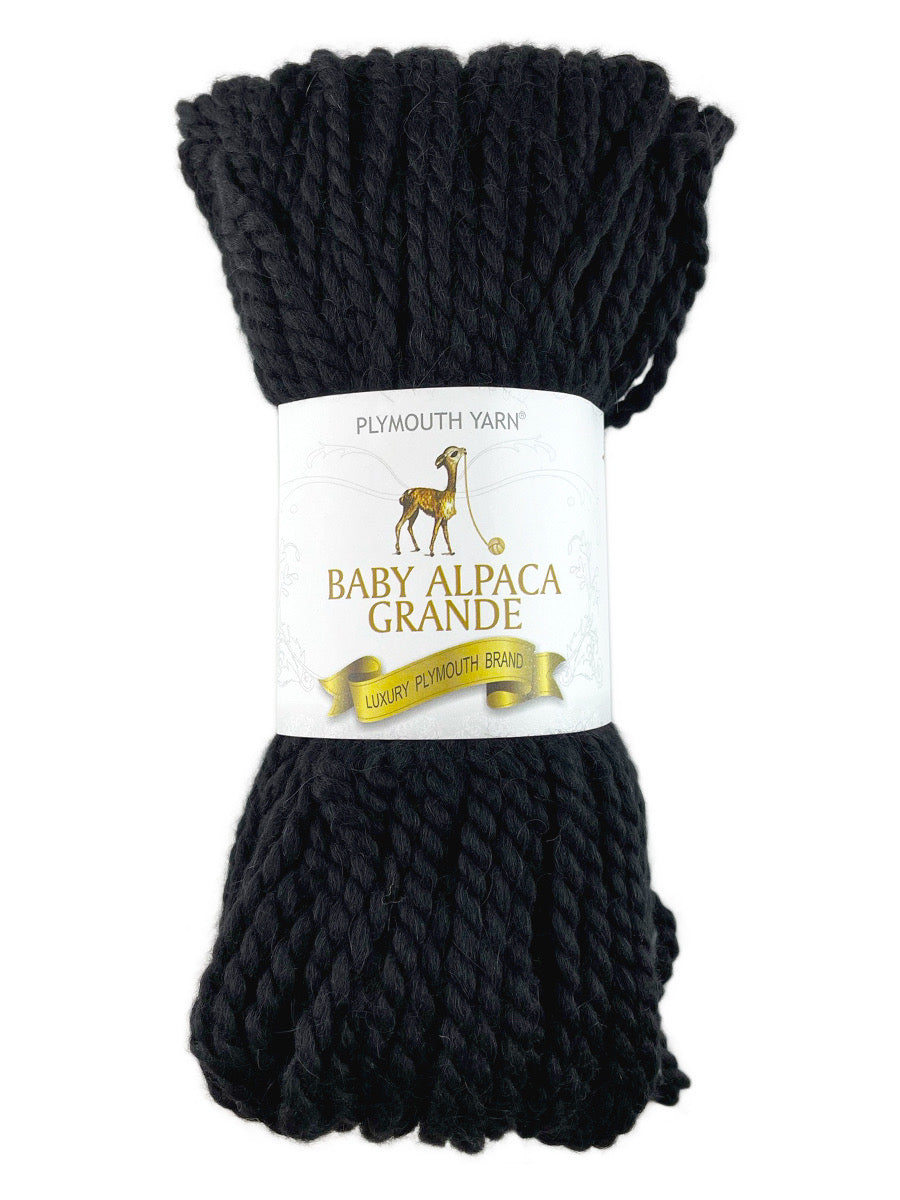 A black skein of Plymouth Baby Alpaca Grande yarn