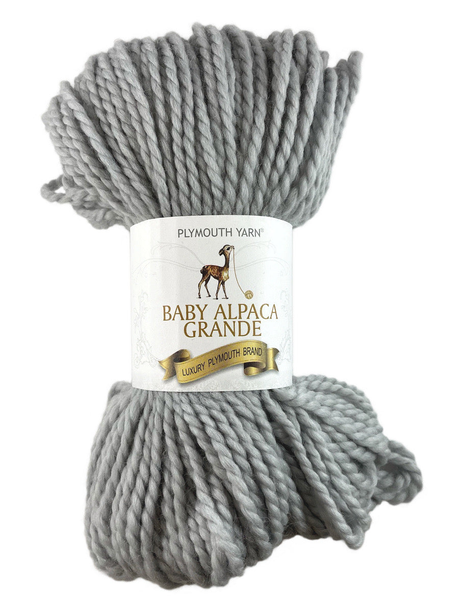 A grey skein of Plymouth Baby Alpaca Grande yarn