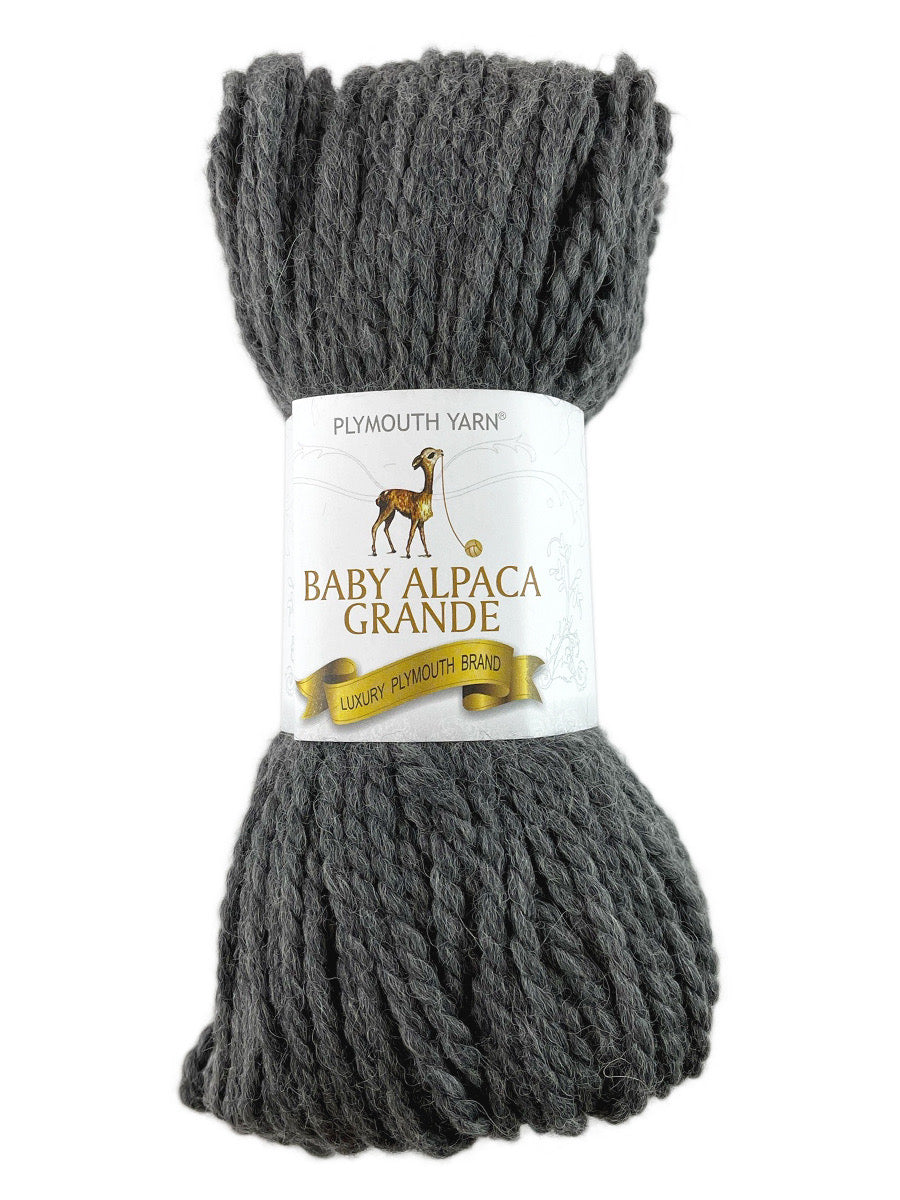 A grey skein of Plymouth Baby Alpaca Grande yarn