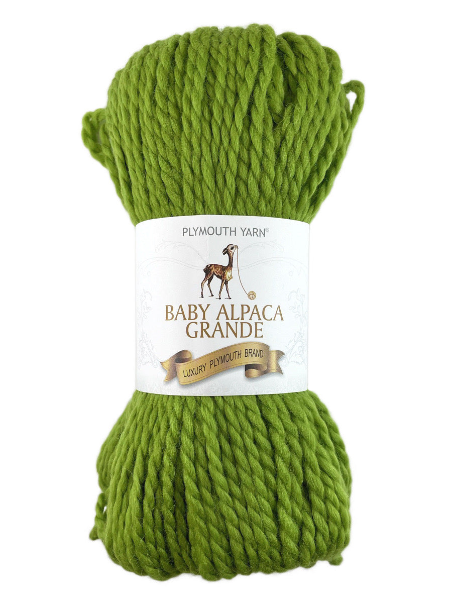 A green skein of Plymouth Baby Alpaca Grande yarn