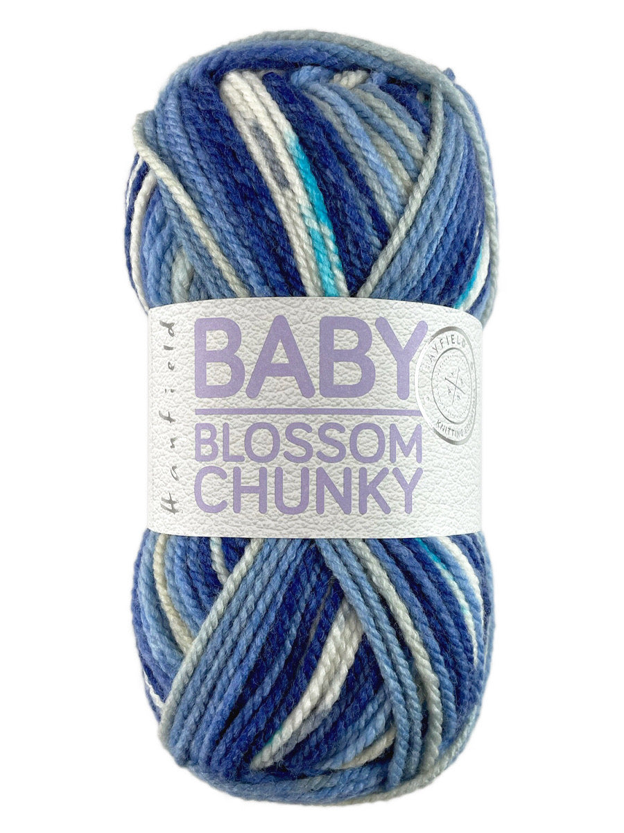 A blue skein of Hayfield Blossom Chunky yarn