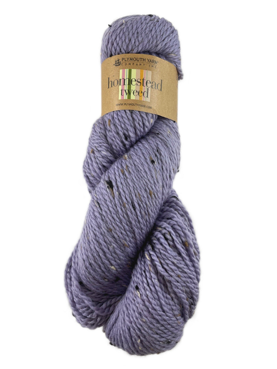 A purple skein of Plymouth Homestead Tweed yarn
