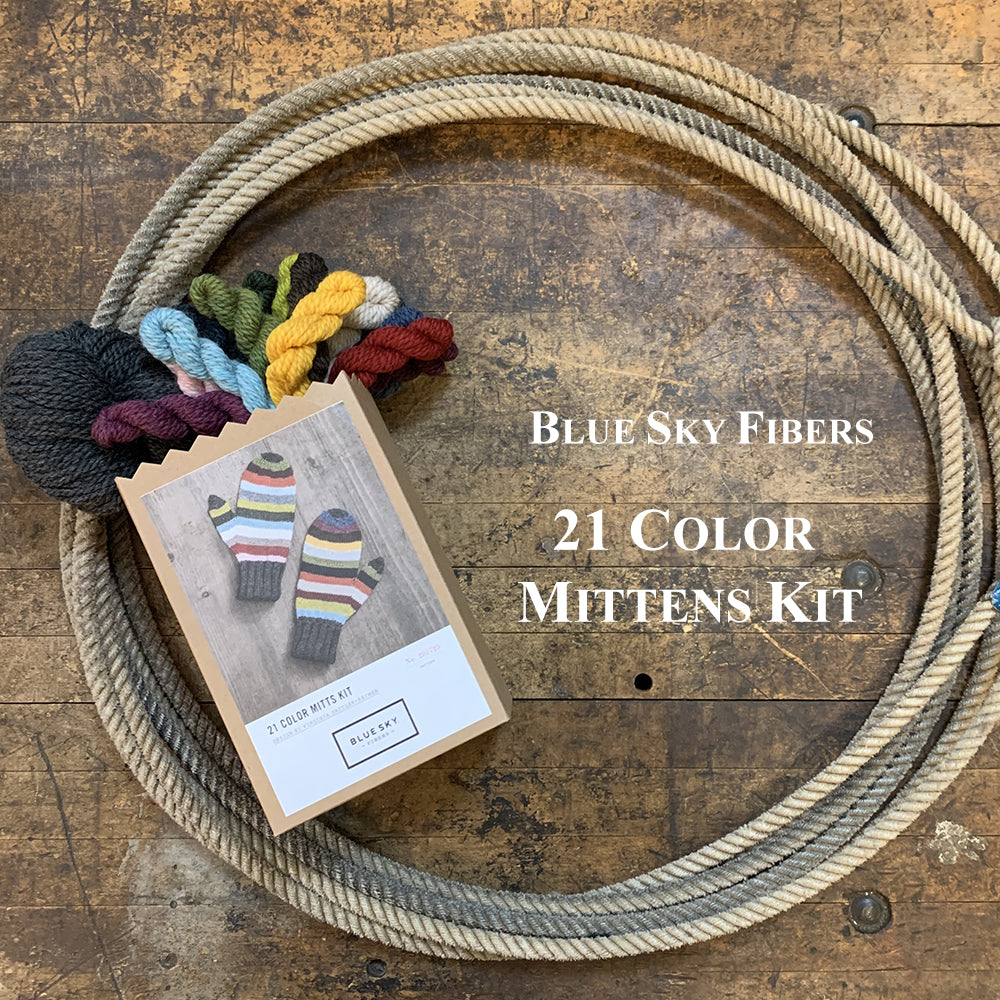 Photo of a Blue Sky Fiber Woolstok yarn Mitten Kit in a lasso on a wooden surface