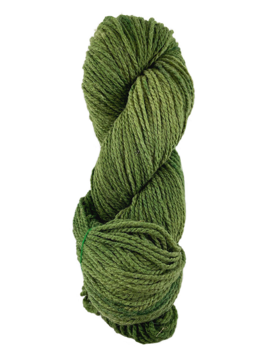 A green skein of Mountain Meadow Wool Laramie yarn