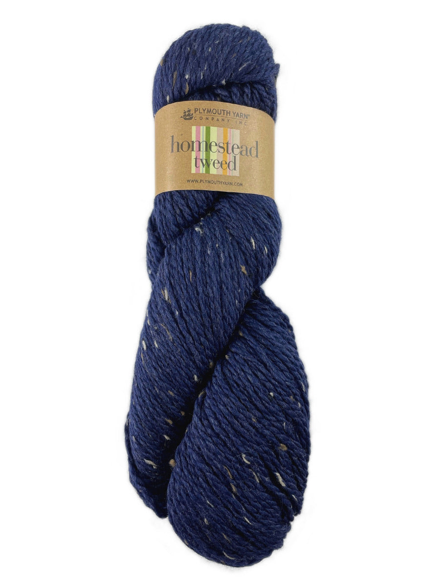 A blue skein of Plymouth Homestead Tweed yarn