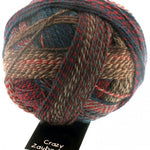 Schoppel Wolle Crazy Zauberball yarn color blue, red, and tan