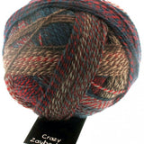 Schoppel Wolle Crazy Zauberball yarn color blue, red, and tan