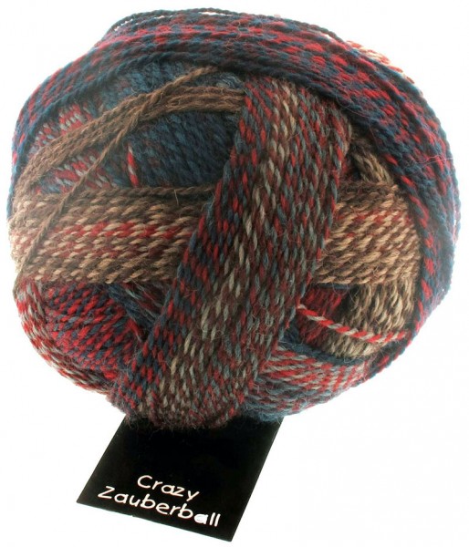 Schoppel Wolle Crazy Zauberball yarn color blue, red, and tan