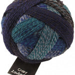 Schoppel Wolle Crazy Zauberball yarn color blue, brown, and lavendar