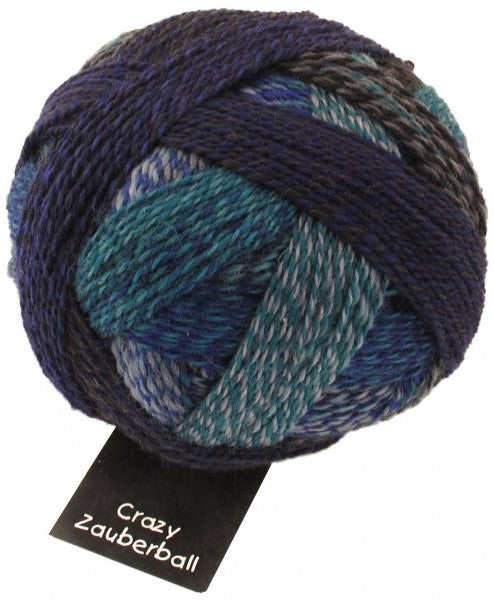 Schoppel Wolle Crazy Zauberball yarn color blue, brown, and lavendar