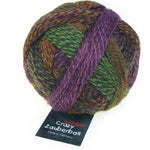 Schoppel Wolle Crazy Zauberball yarn color purple, green, and tan