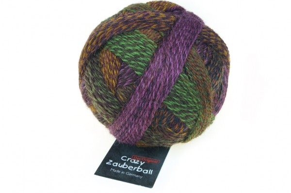 Schoppel Wolle Crazy Zauberball yarn color purple, green, and tan