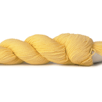 A photo of a butter colored hank of CoBaSi sock yarn.