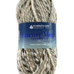 A white and taupe skein of Plymouth Encore Mega Colorspun yarn