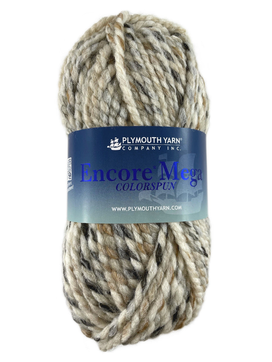 A white and taupe skein of Plymouth Encore Mega Colorspun yarn