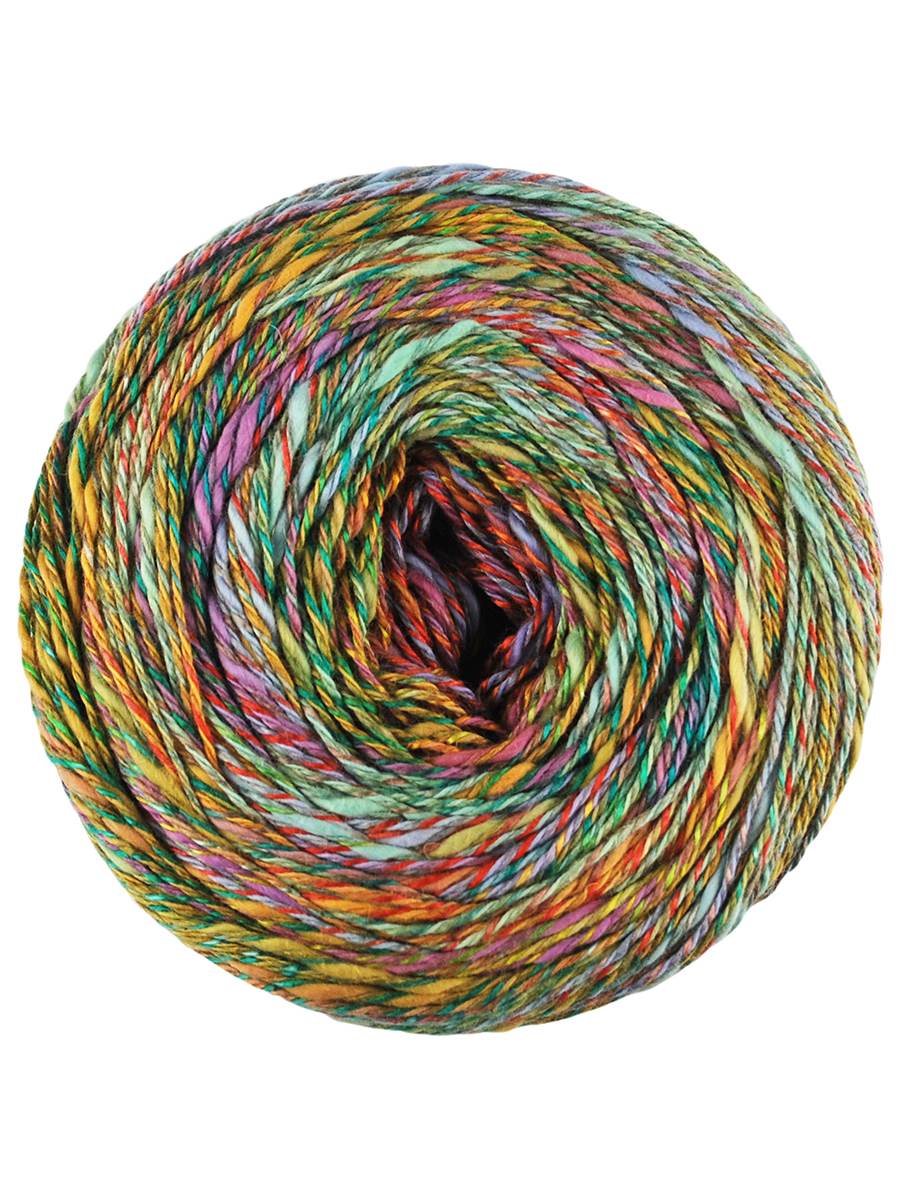 A colorful yarn cake of Brighton Beach - green red purple and yellow tones