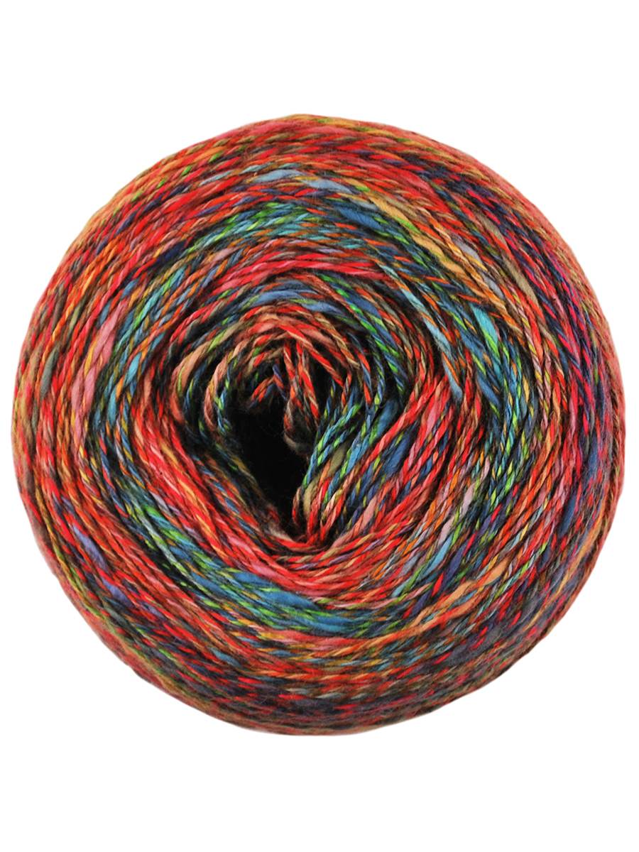 A colorful yarn cake of Brighton Beach - red, yellow, blue tones