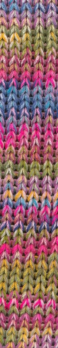 A photo of a swatch of pink, green, and blue Cairns yarn