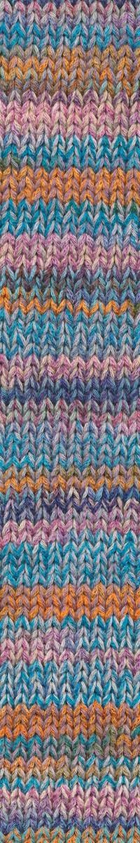 A photo of a swatch of pink, blue, and orange Cairns yarn