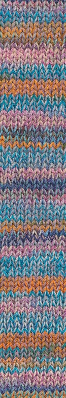 A photo of a swatch of pink, blue, and orange Cairns yarn