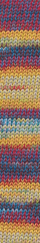 A photo of a swatch of  red, blue, and yellow Cairns yarn