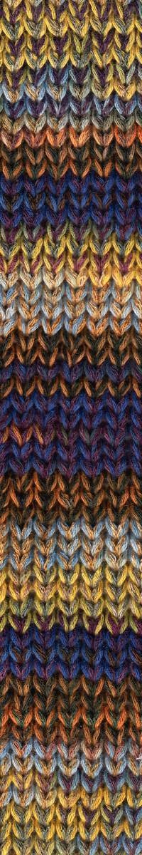 A photo of a swatch of orange, blue, and yellow Cairns yarn