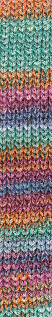 A photo of a swatch of purple, teal, and ornage Cairns yarn