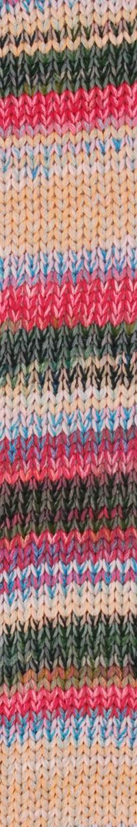 A photo of a swatch of pink, blue, beige, and gray Cairns yarn