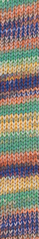 A photo of a swatch Queensland Cairns yarn color Kakadu park; purple, yellow, and teal