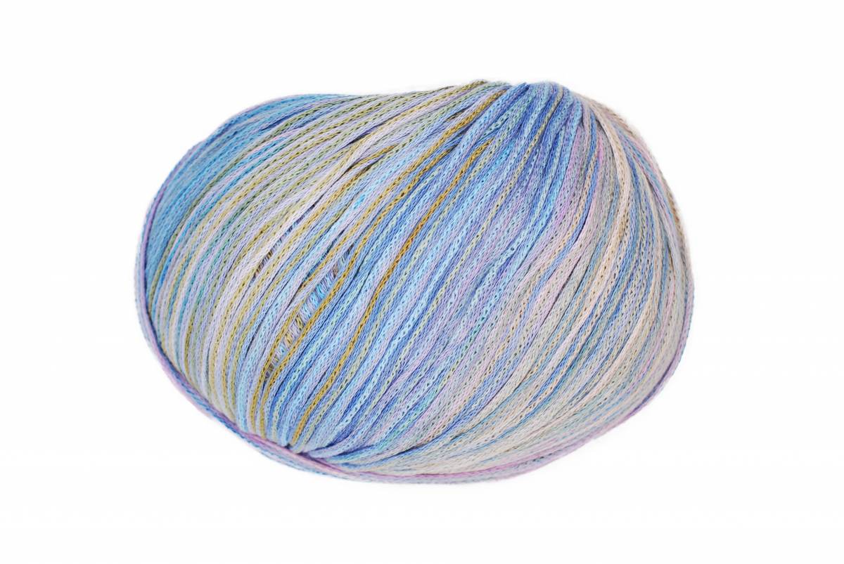 A photo of a pink, blue, and beige Cairns yarn
