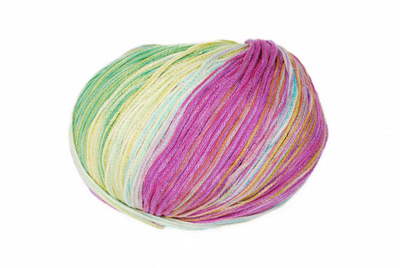 A photo of a pink, green, and blue Cairns yarn