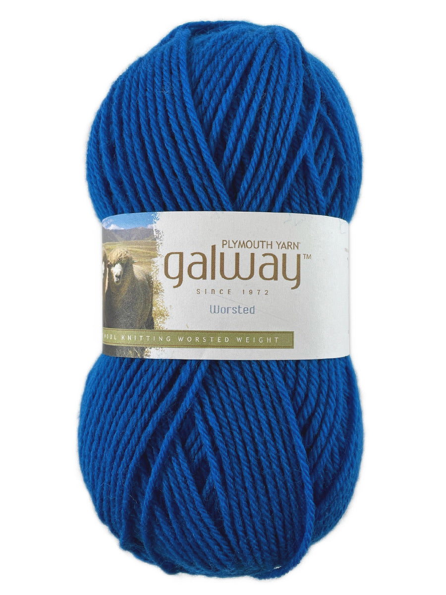 A blue skein of Plymouth Galway yarn