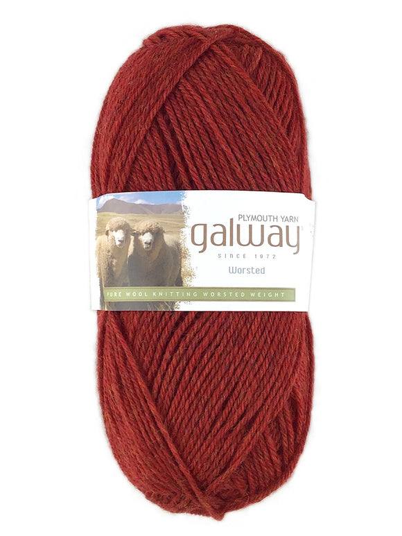 A red skein of Plymouth Galway yarn