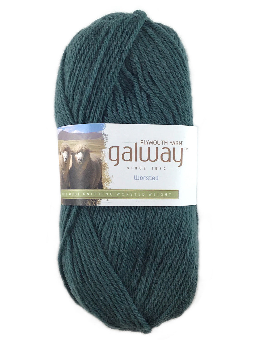 A teal skein of Plymouth Galway yarn