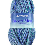 A multi blue skein of Plymouth Yarn Encore Mega Colorspun yarn