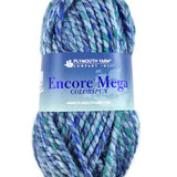 A multi blue skein of Plymouth Yarn Encore Mega Colorspun yarn