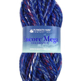 A denim mix skein of Plymouth Yarn Encore Mega Colorspun yarn