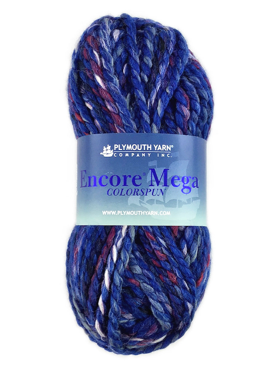 A denim mix skein of Plymouth Yarn Encore Mega Colorspun yarn