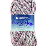 A pink gray skein of Plymouth Yarn Encore Mega Colorspun yarn