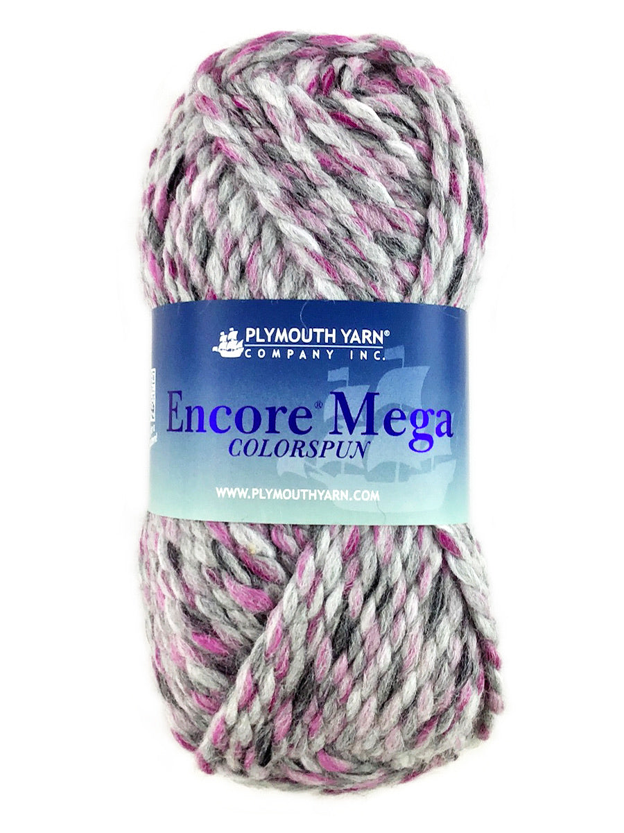 A pink gray skein of Plymouth Yarn Encore Mega Colorspun yarn