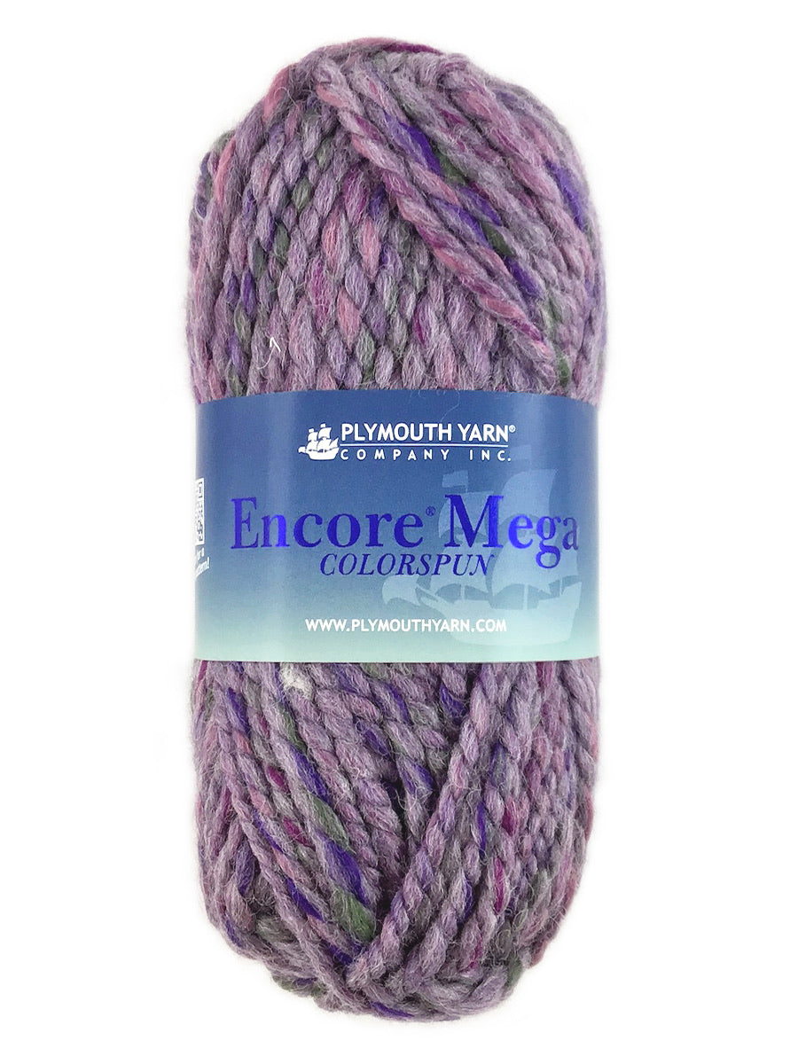 A mauve skein of Plymouth Yarn Encore Mega Colorspun yarn