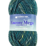 A green mix skein of Plymouth Yarn Encore Mega Colorspun yarn