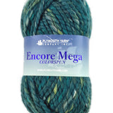 A green mix skein of Plymouth Yarn Encore Mega Colorspun yarn