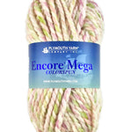 A pink green white skein of Plymouth Yarn Encore Mega Colorspun yarn