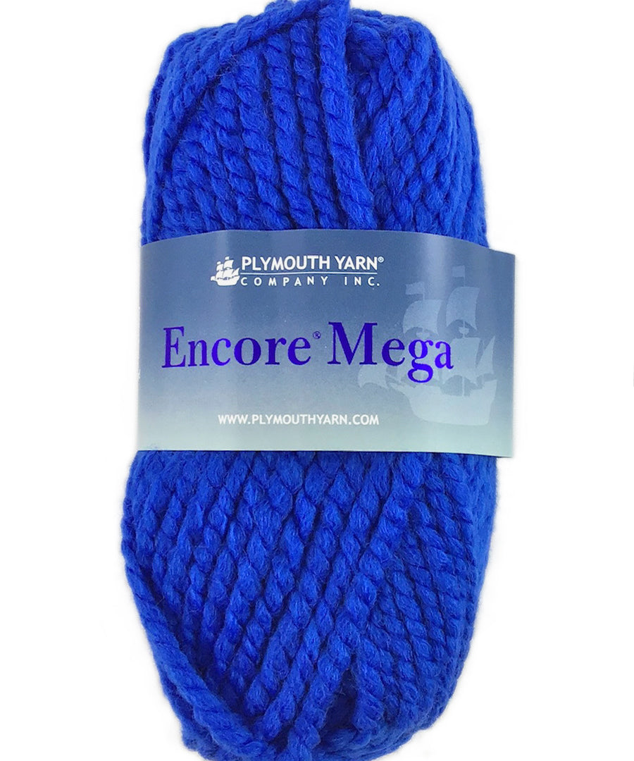 A blue skein of Plymouth Encore Mega yarn