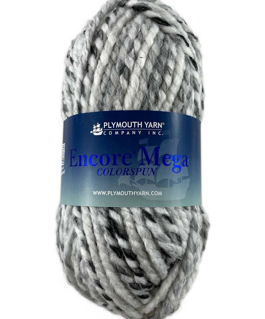 A white and grey skein of Plymouth Encore Mega Colorspun yarn